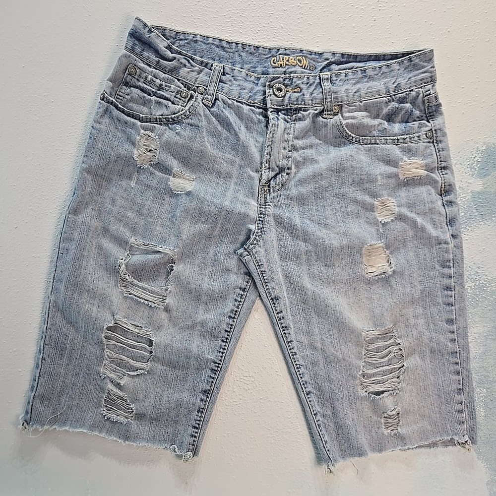 VTG Carbon Baggy Distressed Denim Jorts 30x12" Light Wash Ripped Raw Skater Y2K